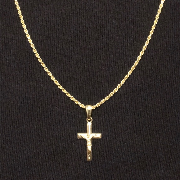 14K Gold Vermeil 2mm Rope Chain and Cross Pendant .925 Italy - Picture 1 of 10